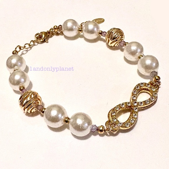Just in💕 NEW Elegant Pearl & Natural Stone Infinity Bracelet w Gold Zebra Beads - Picture 2 of 3